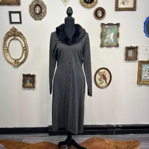Vintage Y2K Cynthia & Co Gray Knit Faux Fur Collar Button-Up Midi Dress Size M